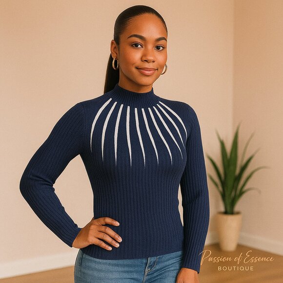 Navy & White Colorblock Mock Neck | Statement Knit Top | Elegant Boutique Style - Picture 1 of 7